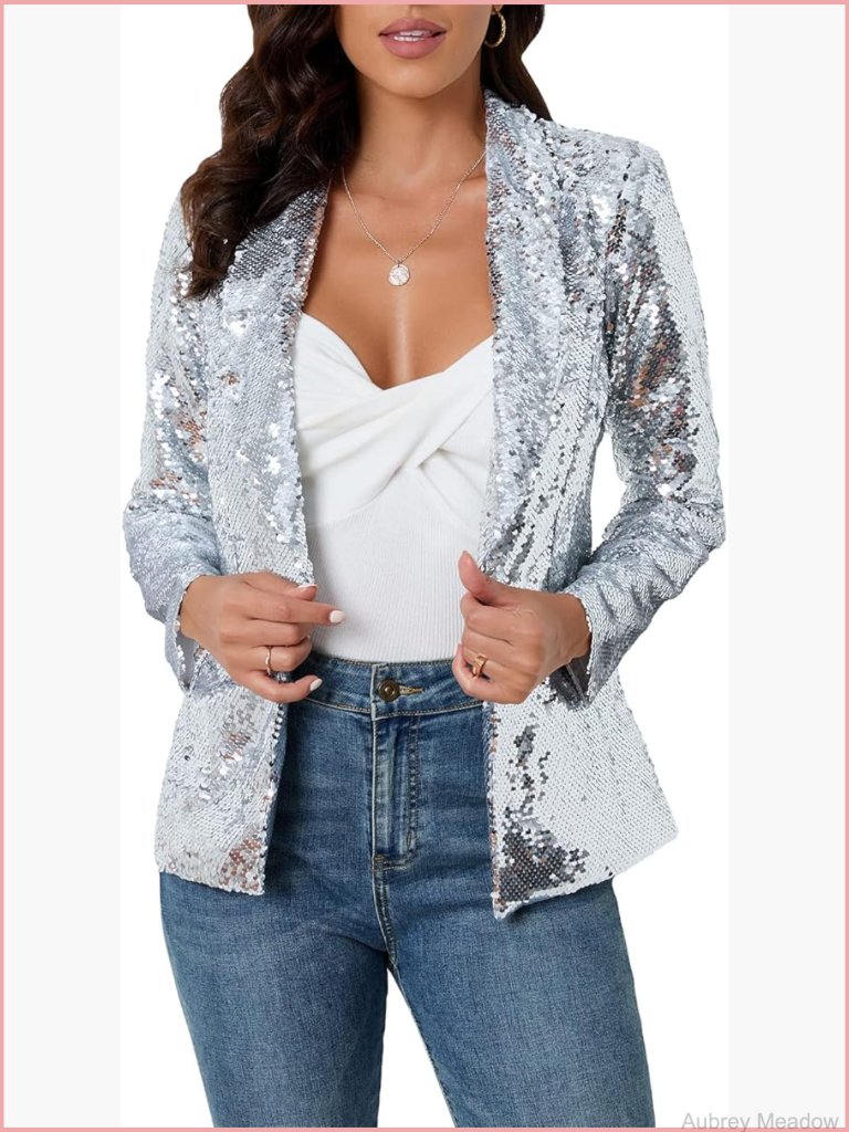 Sequins Blazer Long Sleeve Open Front Shawl Collar Cardigan Jacket